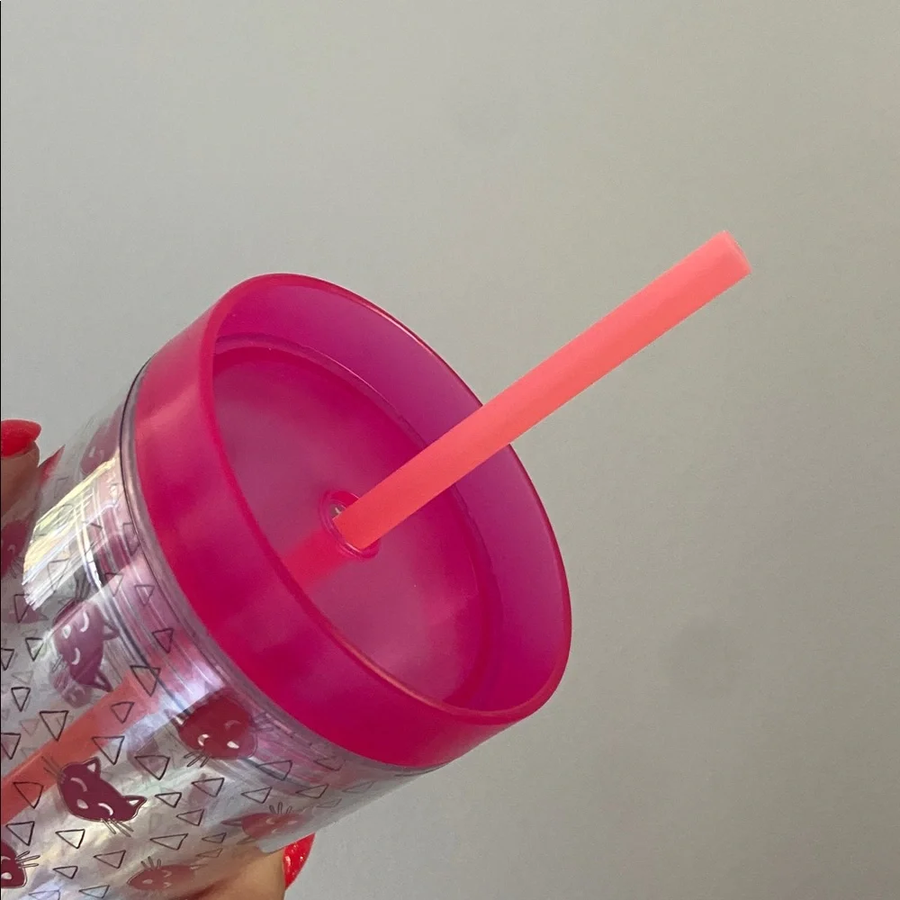 Target cat print tumbler drinking water cup with straw kitty graphic pink clear